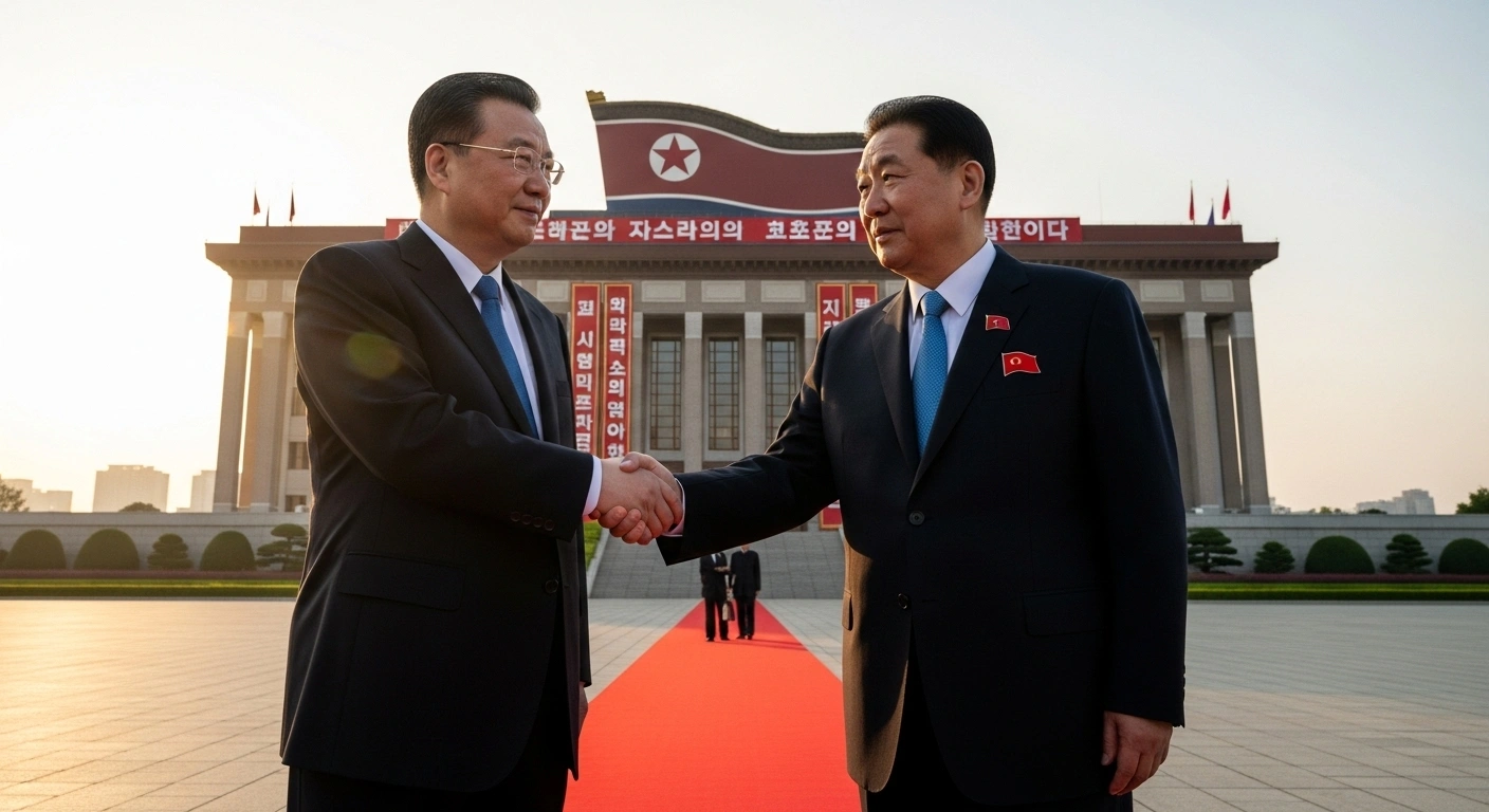 A wide, low-angle shot shows Chinese Premier Li Qiang and a North Korean official shaking hands firmly against the backdrop of a grand, ornate building adorned with subtle celebratory banners, symbolizing the official goodwill visit and strengthening ties between the two nations for the 80th anniversary of the Workers' Party of Korea.
