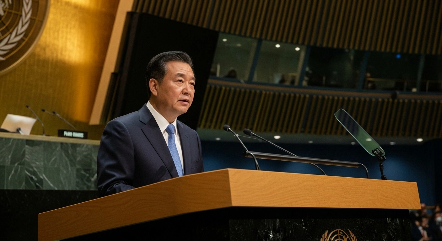 Chinese Premier Li Qiang stands at a podium in the United Nations General Assembly hall, addressing a high-level meeting on global development and cooperation for the UN 2030 Agenda and WTO negotiations.