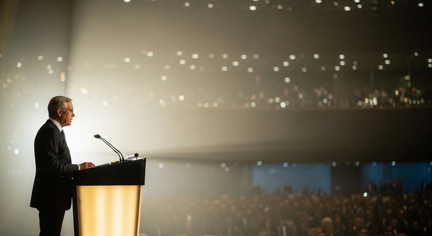 Chinese Premier Li Qiang stands at a grand, illuminated podium within a vast assembly hall, bathed in soft golden light, delivering a significant address on peace, shared security, and global development at the UN General Assembly.