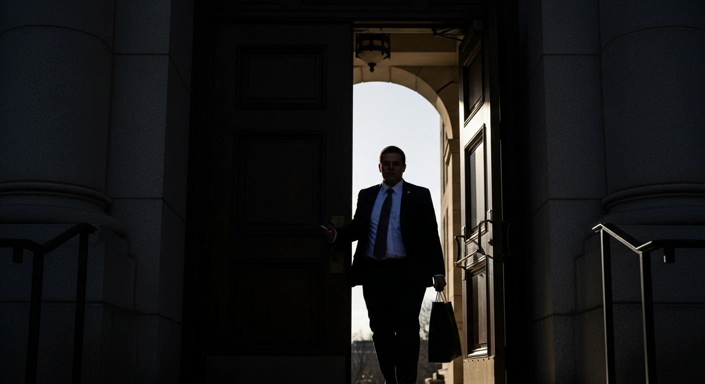A man, representing Liam Óg Ó hAnnaidh of the Irish rap group Kneecap, is depicted stepping from the shadows of a courthouse into bright sunlight, symbolizing the dismissal of his terrorism charge by a UK court due to a technical error related to an alleged Hezbollah flag display.