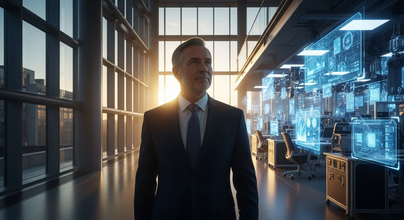 A distinguished computer vision scientist, representing Liang Jie, walks into a brightly lit, modern AI research laboratory featuring holographic displays and sensor systems, symbolizing his return to China to enhance technology research at the Eastern Institute of Technology, Ningbo.