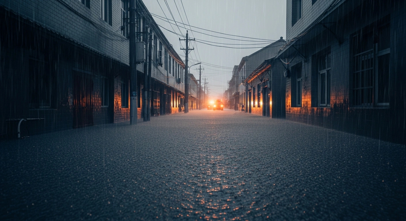 Emergency responders navigate through flooded streets in Liaoning Province during severe rainfall and heavy storm conditions.