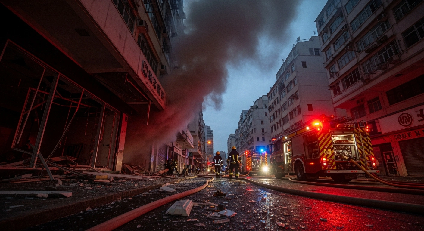 Emergency responders and fire trucks at the scene of a shop explosion in Liaoning Province, China.