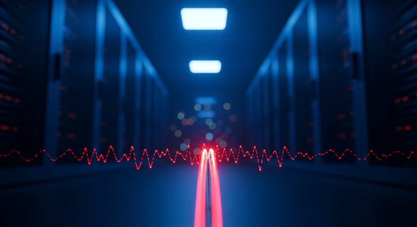 A glowing red fiber-optic cable pulses inside a dark server room, representing a cyber attack on the Liberal Democrats' digital infrastructure.