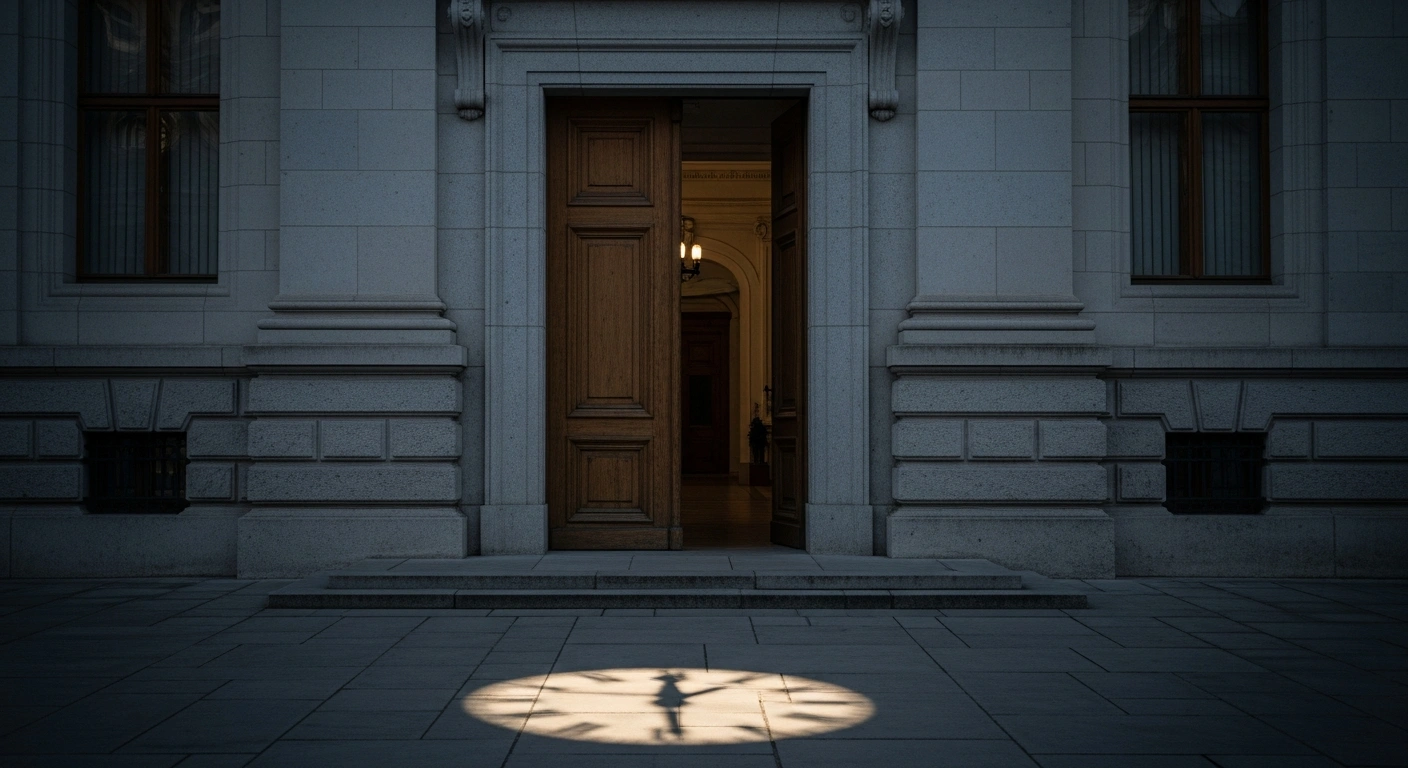 A grand, historic government building in Liechtenstein, with a heavy wooden door slightly ajar and a subtle shadow of a clock's pendulum, visually representing the submission of a legislative proposal for a 'time-limit solution' to reform the principality's highly restrictive abortion laws.