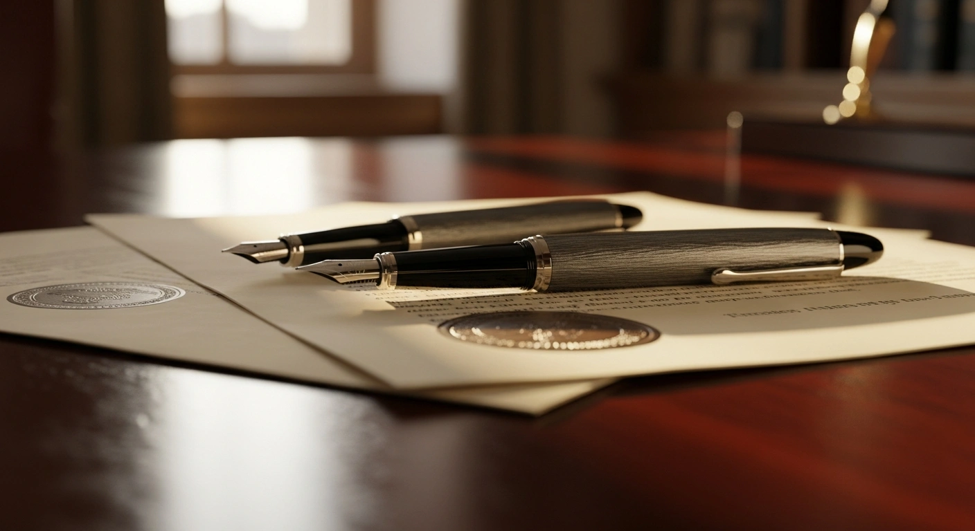Two fountain pens lie on top of official documents representing a new tax agreement signed between Liechtenstein and Belgium.