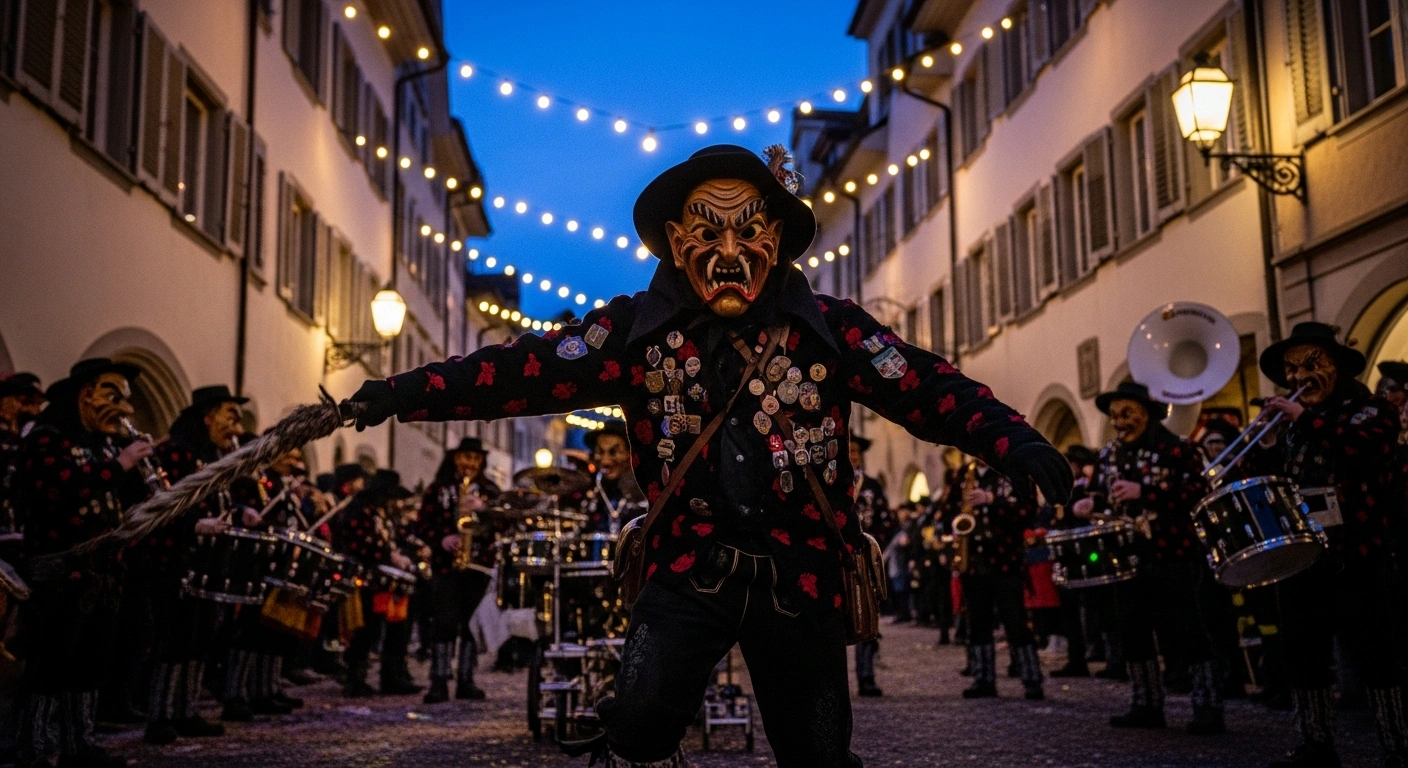 A masked figure in an elaborate, traditional Fasnacht costume leads a vibrant parade of revelers and musicians under warm lights on a historic street in Liechtenstein, capturing the festive atmosphere of the 2026 carnival celebrations.