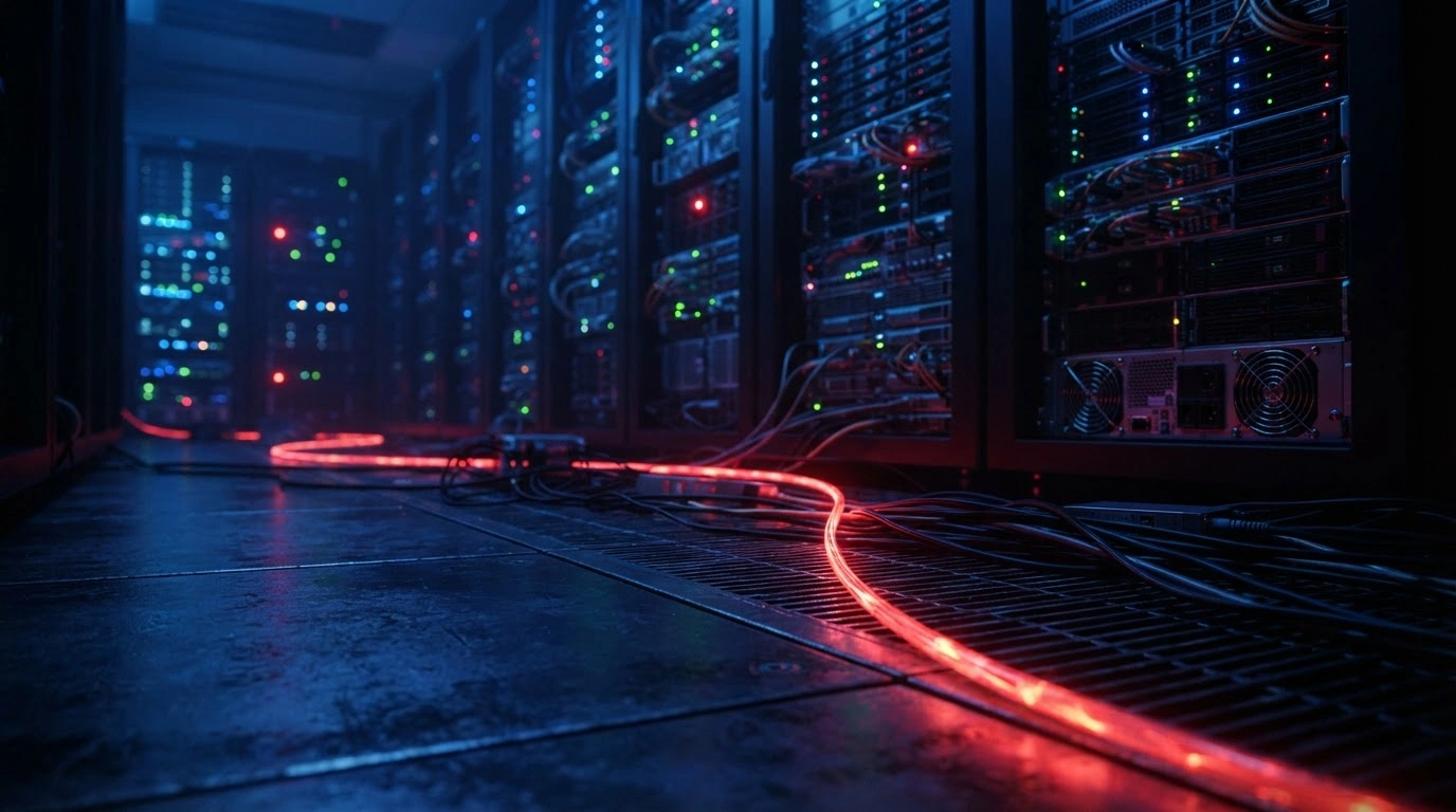 A dark server room with glowing lights represents the cyberattack on Liechtenstein's financial transparency database.