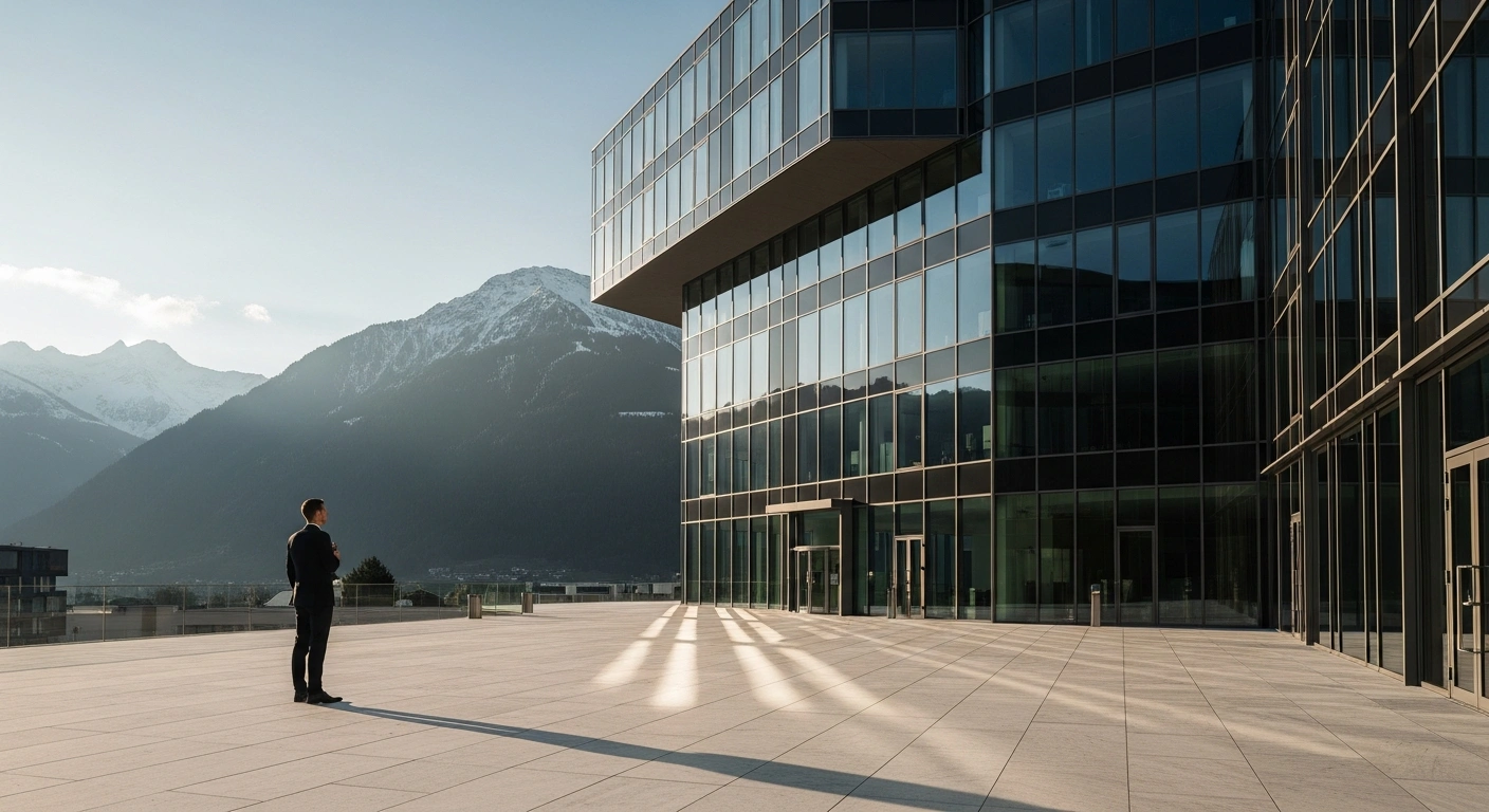A professional financial analyst stands before a modern office building in Liechtenstein while reviewing a report on the legal landscape and regulatory stability of foundations.