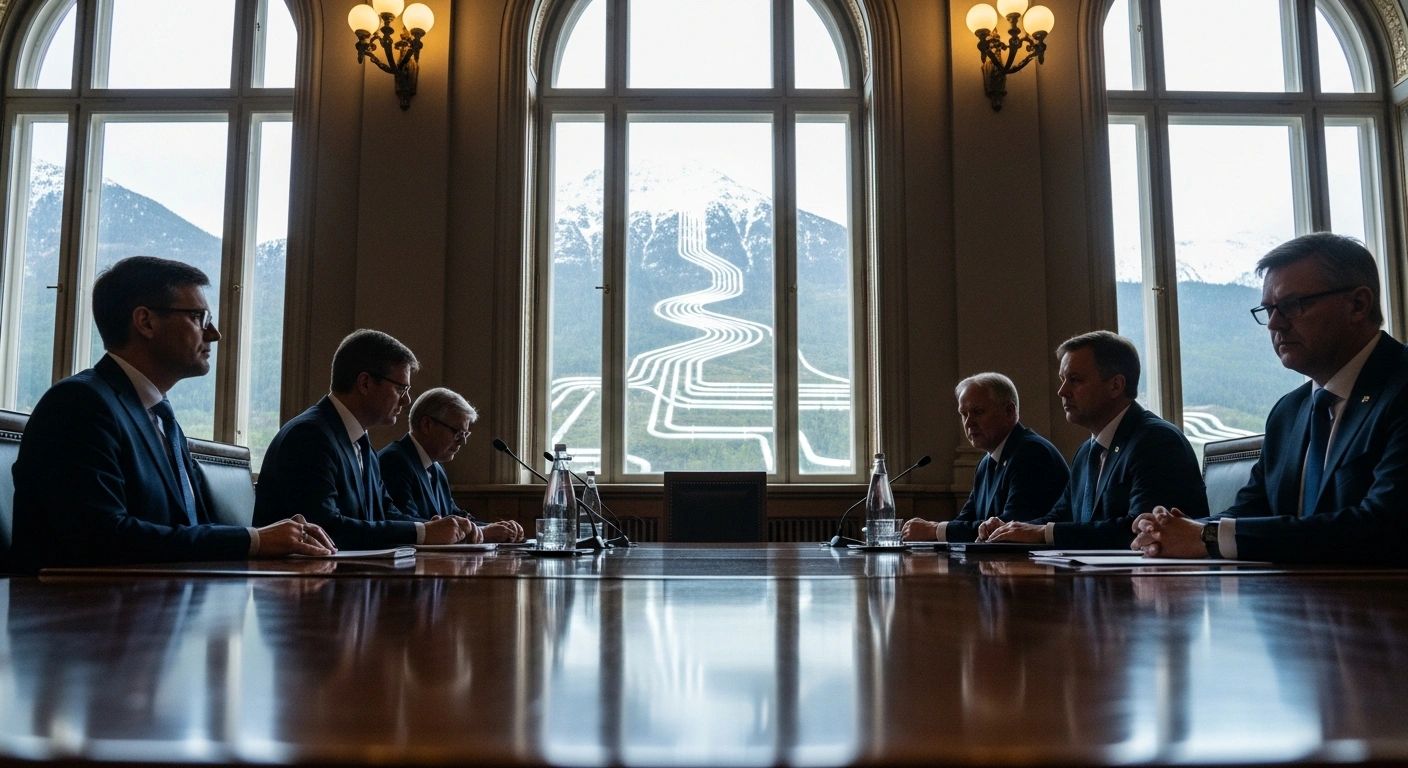 A low-angle, wide shot depicts a solemn government chamber where officials in suits are gathered around a polished table, with a stylized, glowing district heating network visible through a window, representing the Liechtenstein government's discussion of an interpellation concerning the network's economic viability, efficiency, and investments for climate goals.