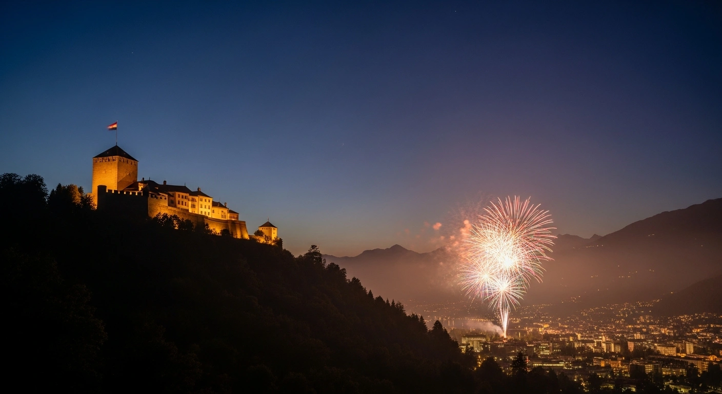 A spectacular fireworks display illuminates the sky over Vaduz Castle in Liechtenstein during the National Day celebrations.