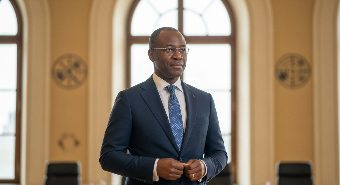 Frank Büchel, Liechtenstein's new Permanent Representative to EFTA, WTO, and the UN in Geneva, stands confidently in a grand conference room, symbolizing the Principality's increased diplomatic activity following Kurt Jäger's elevation to EFTA Secretary-General.