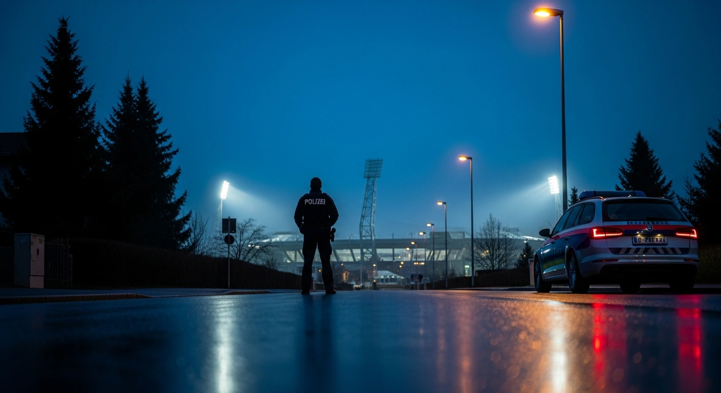 A lone police officer stands silhouetted on a wet, suburban street in Vaduz, reflecting the distant glow of stadium lights, symbolizing the Liechtenstein State Police's busy weekend responding to incidents like burglary and theft, while a football match proceeded peacefully.