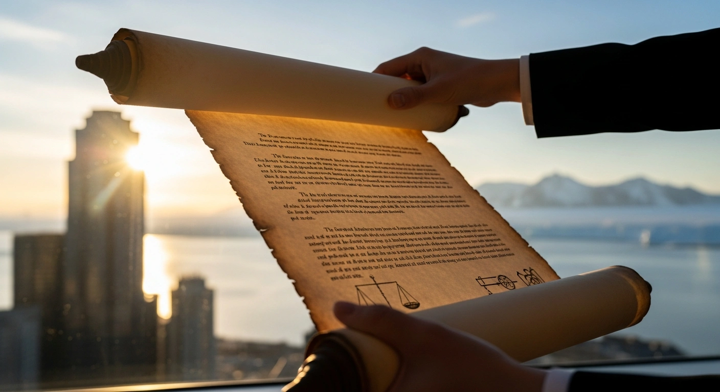 Elegant hands unroll an ancient-looking parchment scroll, symbolizing international law and diplomacy, with a blurred background featuring a modern skyscraper representing the United States and a distant, icy landscape hinting at Greenland, reflecting Liechtenstein's engagement in trade agreements and international law principles.