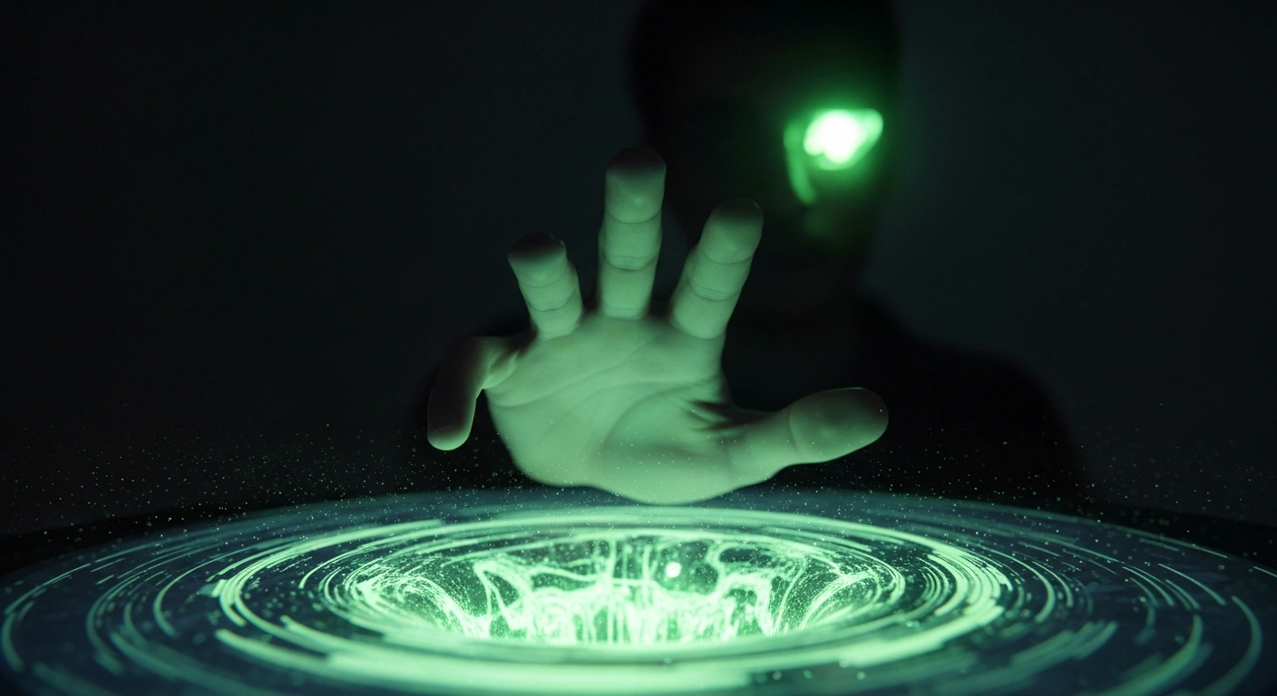 A hand hovers over a glowing, glitching digital screen, representing the targeted cyberattack on Liemobil, Liechtenstein's public transport operator, which involved fraudulent emails and malicious links, prompting a company warning.