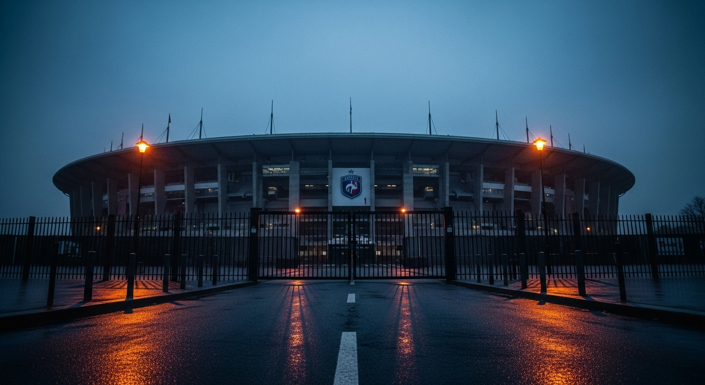 A locked stadium gate stands in a deserted street in Marseille following a government decree banning Lille OSC football supporters from attending the match.