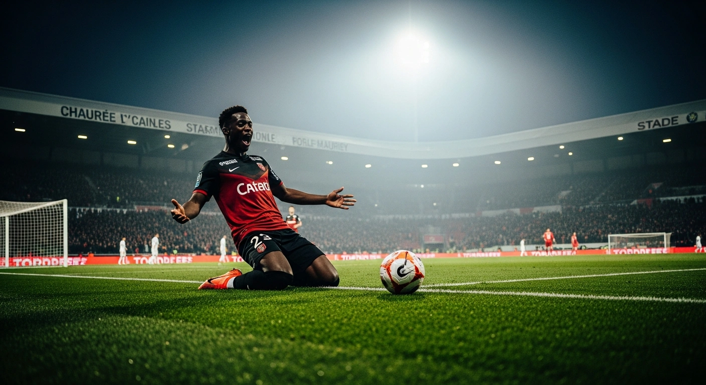 A Lille OSC player celebrates a goal on the pitch during a Ligue 1 match against RC Lens at the Stade Pierre-Mauroy.