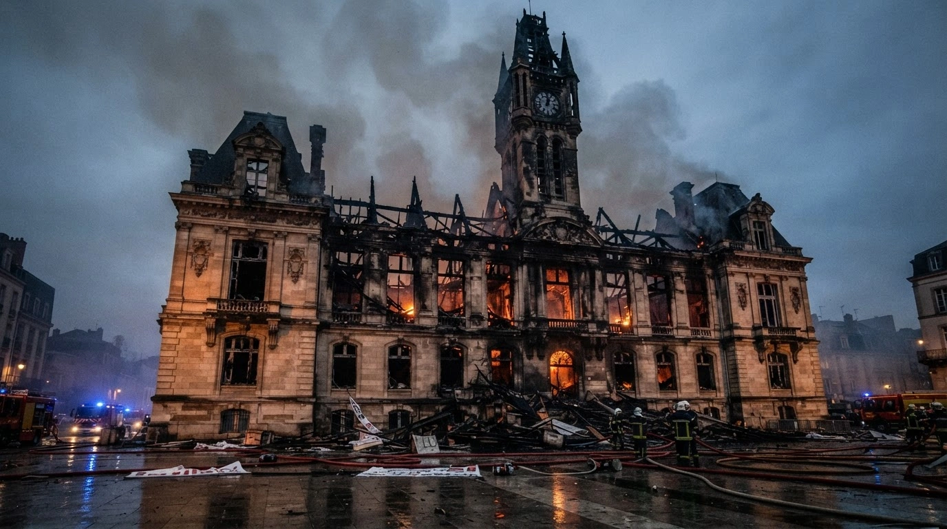 The historic 19th-century Limoges City Hall in France stands severely damaged by a deliberate fire during a period of nationwide protests.