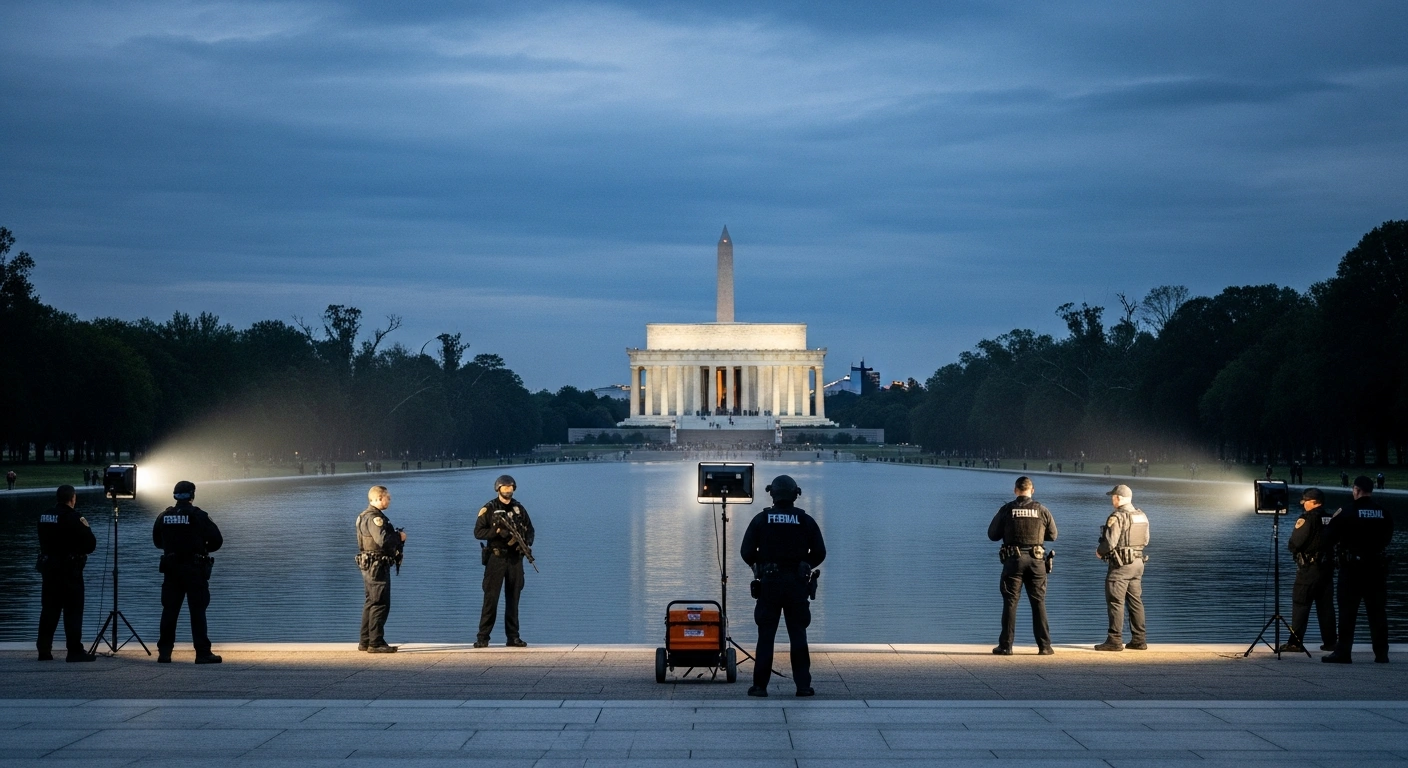 Federal authorities stand near the Lincoln Memorial Reflecting Pool in Washington, D.C., following the arrest of individuals involved in the vandalism of the historic site.