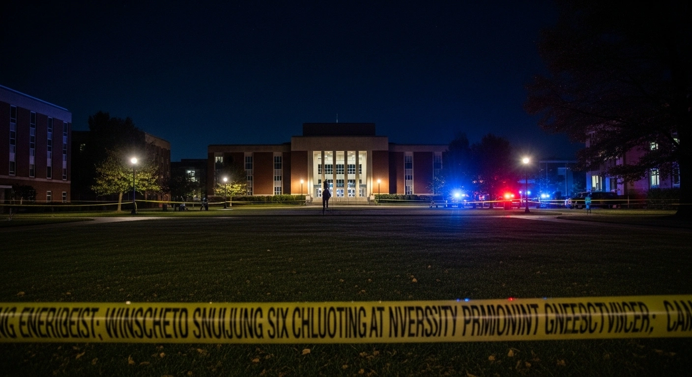 A wide, low-angle shot of a university campus at night, illuminated by the pulsating blue and red lights of police vehicles, with yellow crime scene tape stretched across the foreground, depicting the aftermath of a shooting incident at Lincoln University during homecoming festivities.
