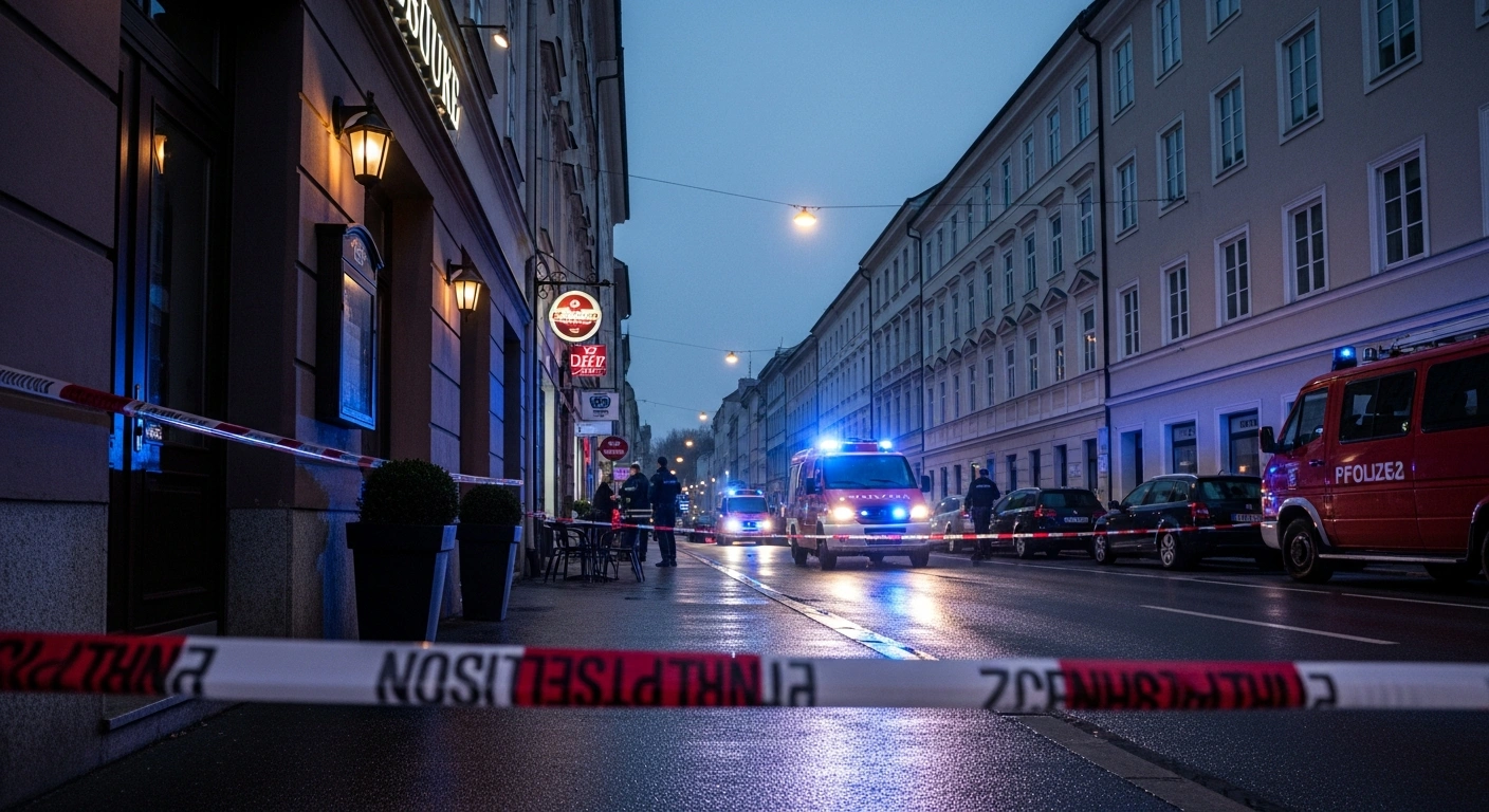 Police officers investigate a fatal shooting scene outside a restaurant in Linz after three people were killed.