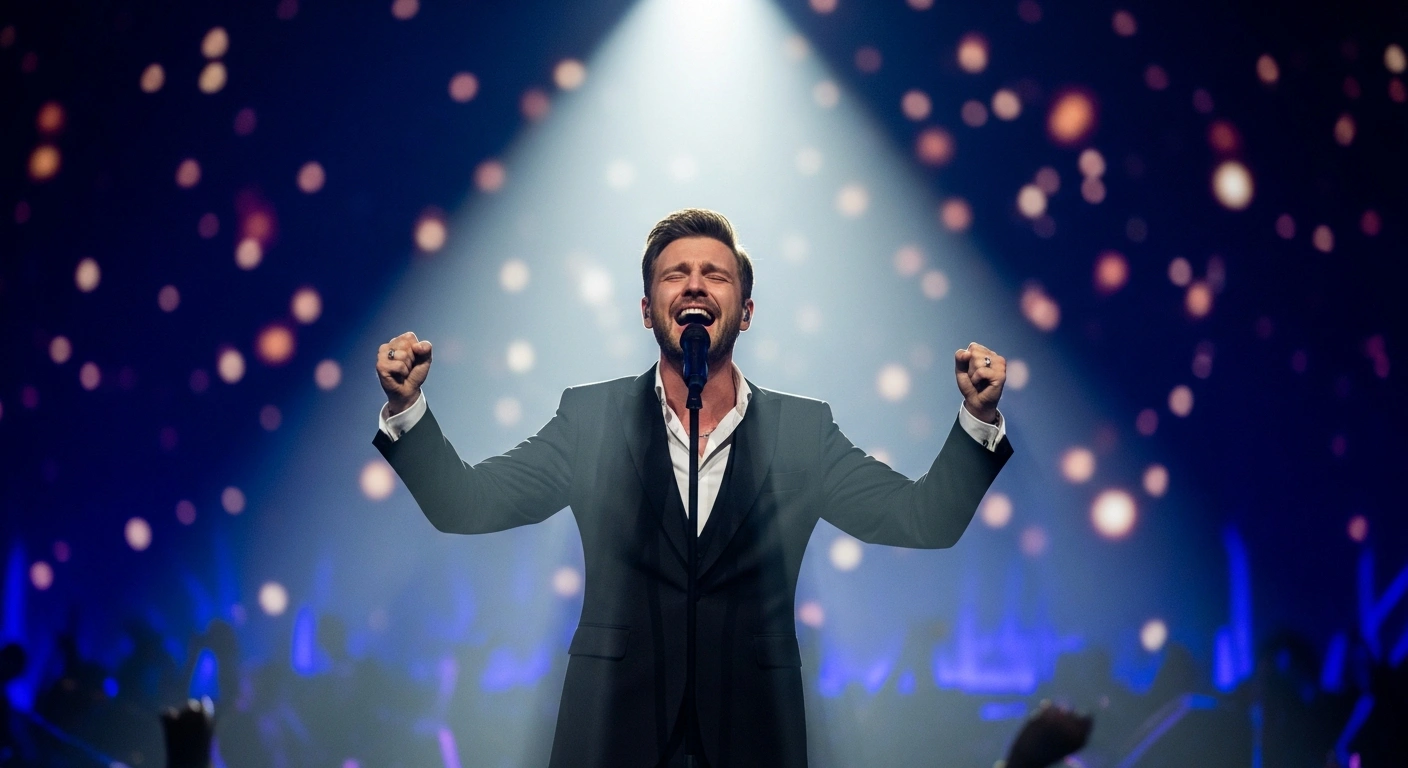 Lithuanian singer-songwriter Lion Ceccah, also known as Tomas Alenčikas, stands triumphantly on a brightly lit stage, celebrating his win at Eurovizija.LT 2026, which secured his spot as Lithuania's representative for the Eurovision Song Contest 2026 in Vienna.