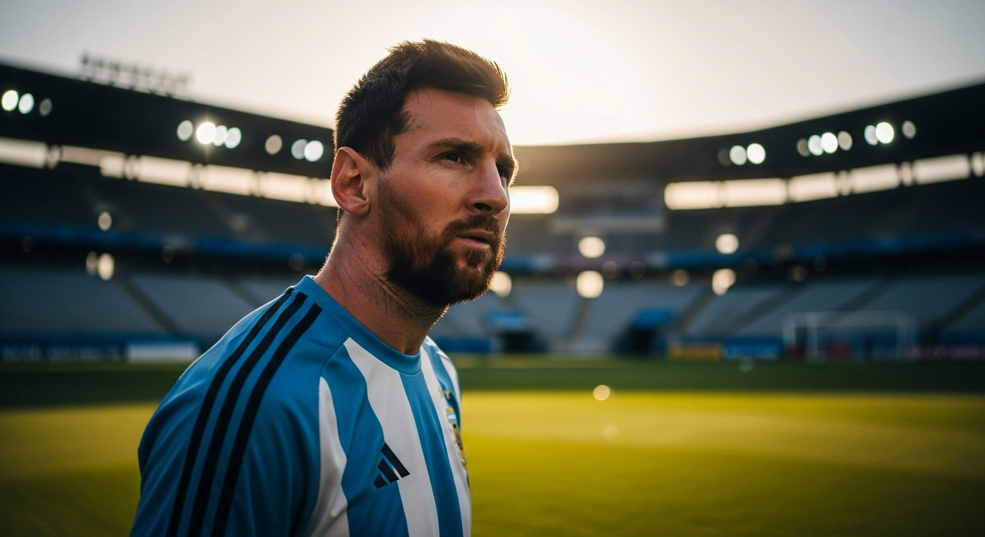 Lionel Messi stands on a football pitch in his Argentina kit, looking ready to play in the upcoming World Cup match.