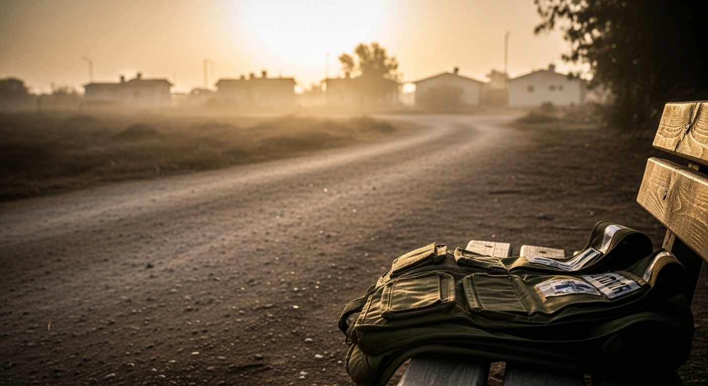 A solemn scene at Kibbutz Nir Yitzhak at dawn, showing a worn emergency medical vest folded on a wooden bench on a dust-swept path, symbolizing the sacrifice of Lior Rudaeff, a 61-year-old Argentinian-Israeli volunteer ambulance driver and emergency response team member who was killed defending the kibbutz on October 7, 2023, whose remains were recently returned.