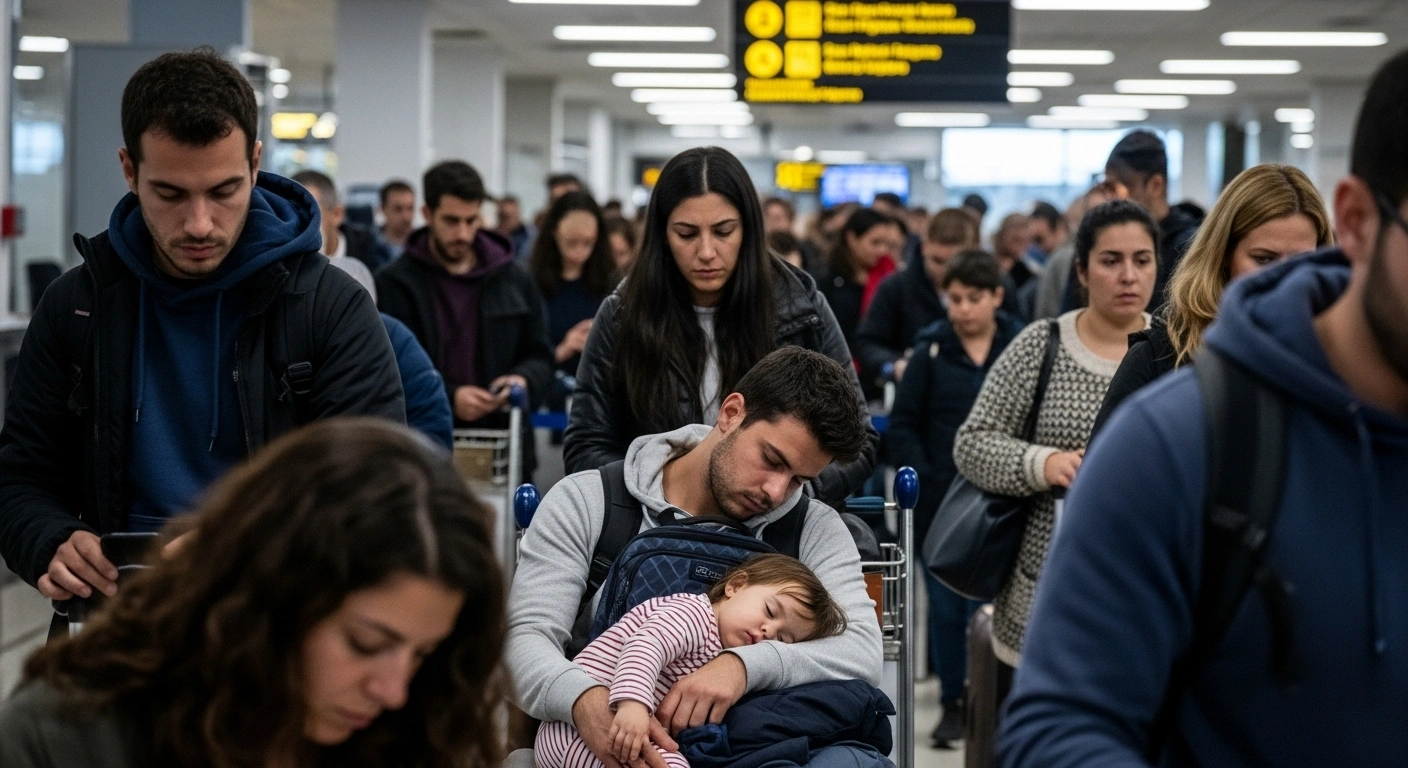 A long queue of diverse, weary non-EU travelers with luggage fills a brightly lit terminal at Lisbon's Humberto Delgado Airport, illustrating the severe wait times caused by the new European Entry/Exit System, increased passenger traffic, and staffing challenges.
