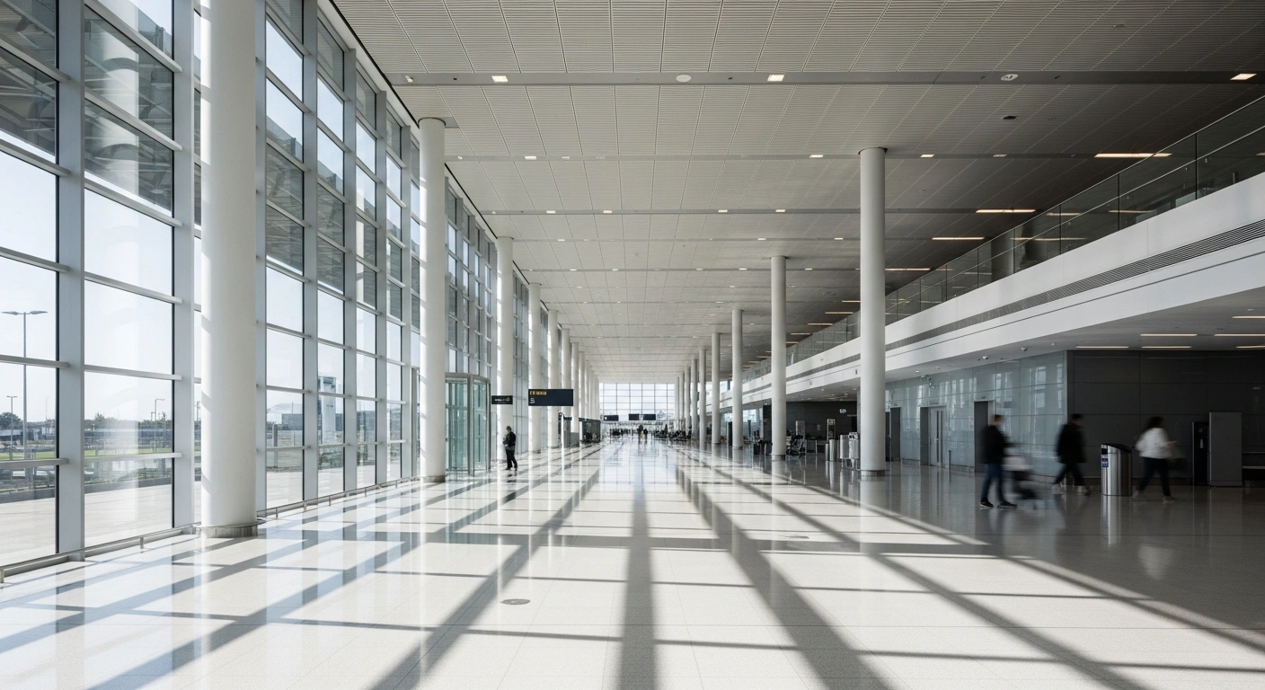 A wide, brightly lit interior view of the newly modernized Terminal 2 at Lisbon's Humberto Delgado Airport, showcasing its sleek architecture and spacious design, ready to enhance passenger experience and double operational capacity to 8 million annual passengers.