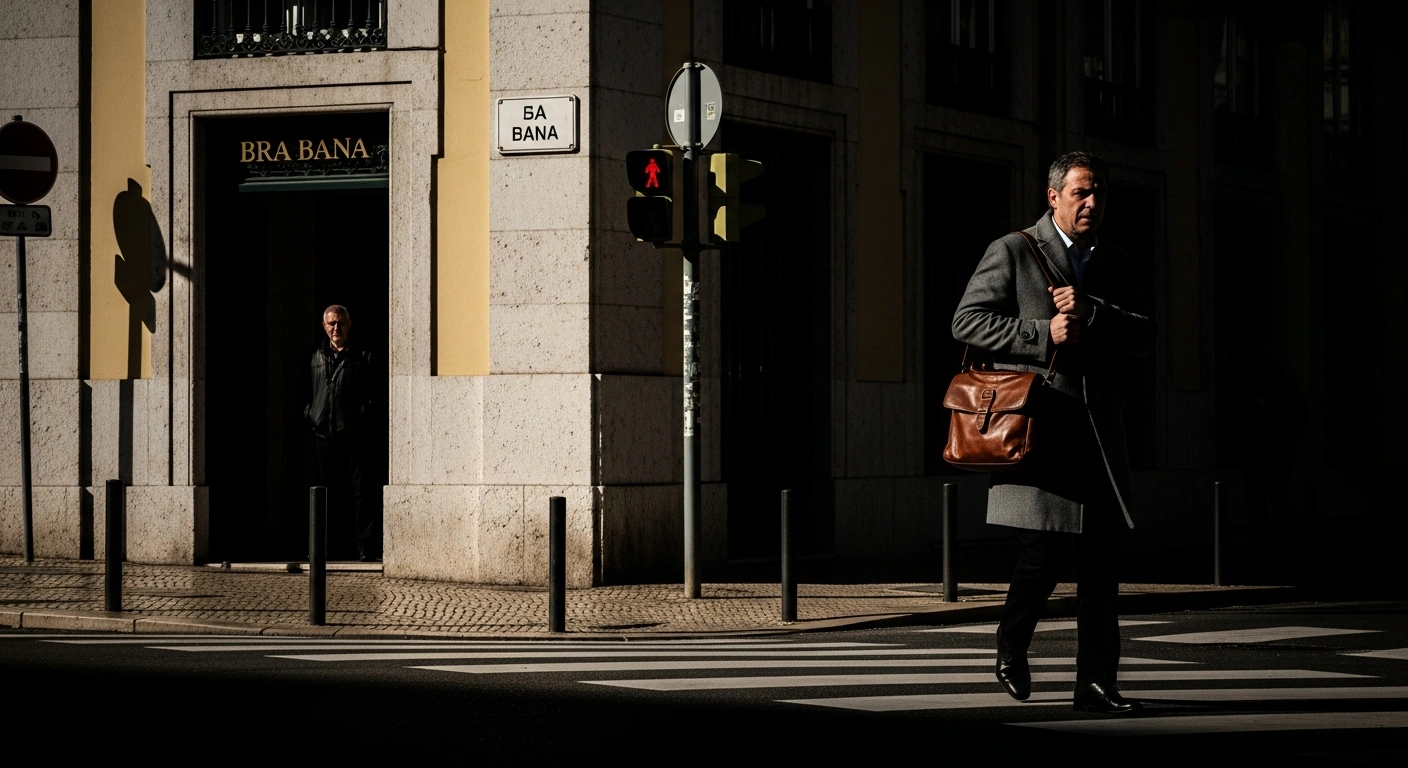 A man walks quickly down a Lisbon street after withdrawing cash from a bank while a suspicious figure watches him from the shadows.