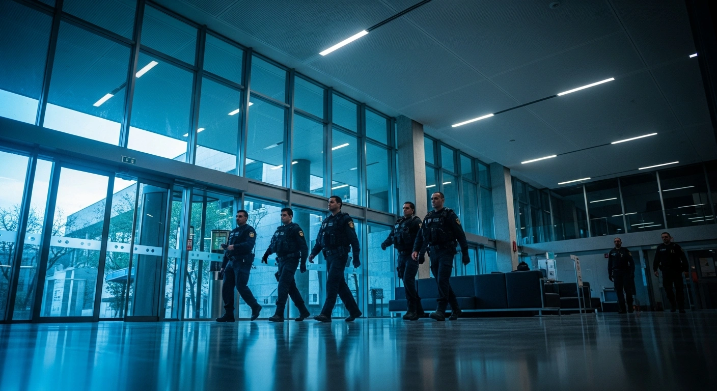 Portuguese police officers conduct an investigation inside the Carris transport headquarters in Lisbon following a fatal funicular accident.