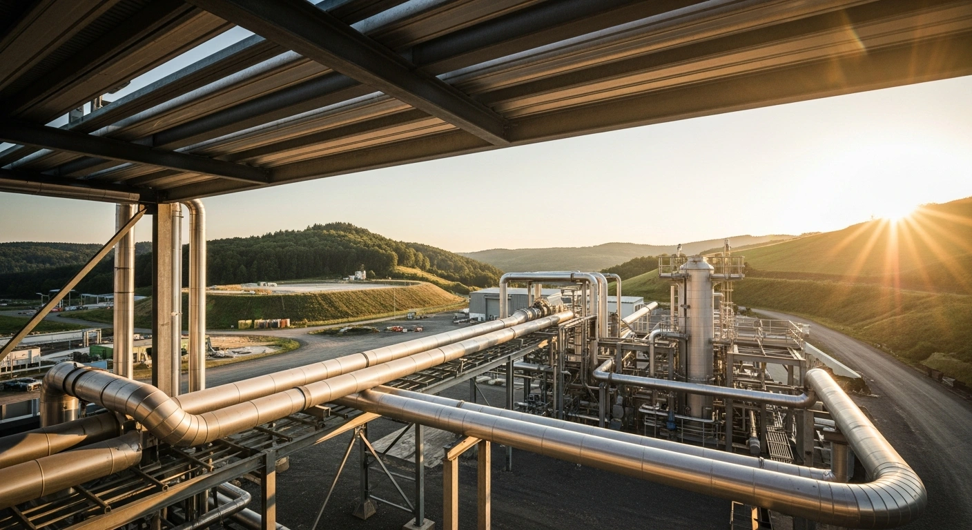 A modern lithium extraction facility operates in the rural landscape of Rhineland-Palatinate to support German electric vehicle production.