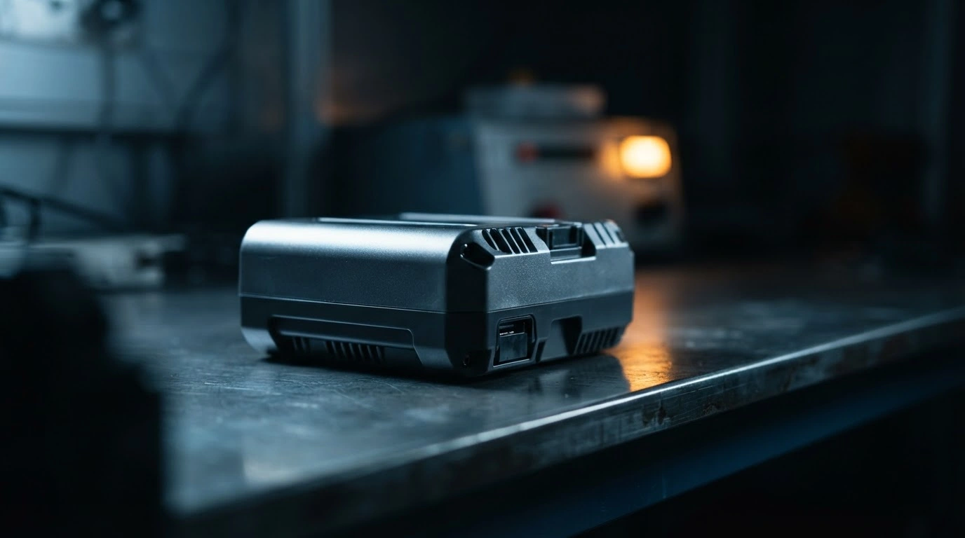 A close-up view of a lithium-ion battery pack being evaluated for safety standards in a professional testing facility.
