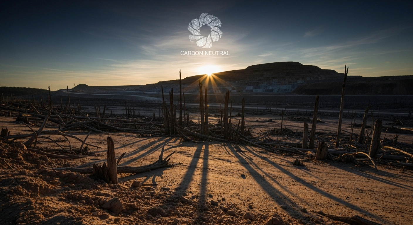A wide-angle, low-ground shot of a deforested landscape with felled trees under a harsh setting sun, revealing a distant open-pit lithium mine, with a superimposed, shimmering 'carbon neutral' emblem, symbolizing environmental scrutiny of mining operations.