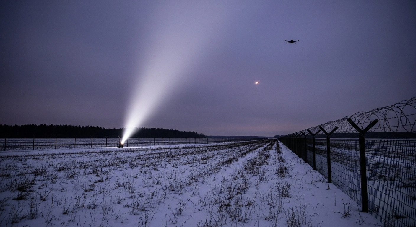A desolate, snow-dusted Lithuanian-Belarusian border at twilight, illuminated by a searchlight, features a barbed-wire fence and the faint silhouette of a drone against the sky, representing the prolonged airspace closure due to security concerns and drone incursions.