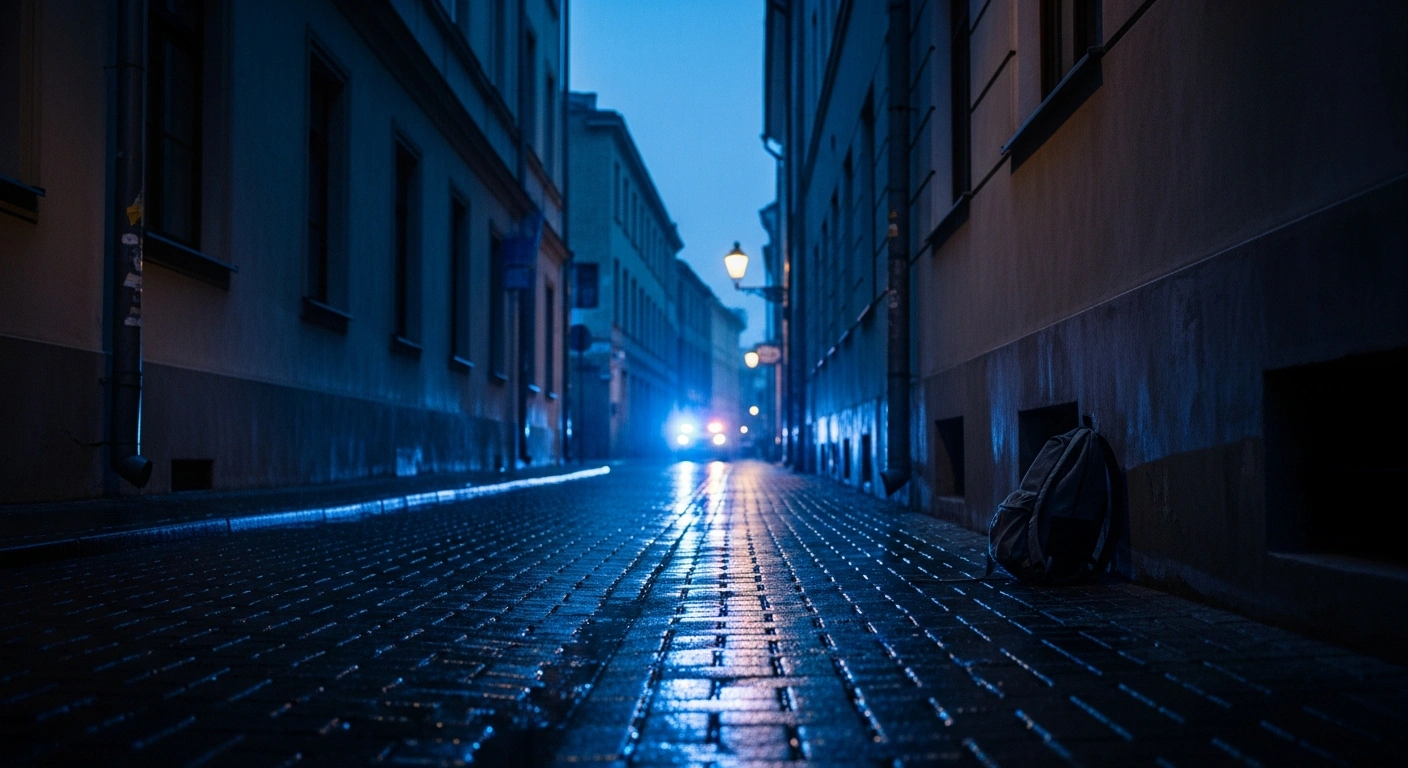 A somber, rain-slicked street at twilight features an abandoned backpack as Lithuanian law enforcement investigates a recent assault incident.