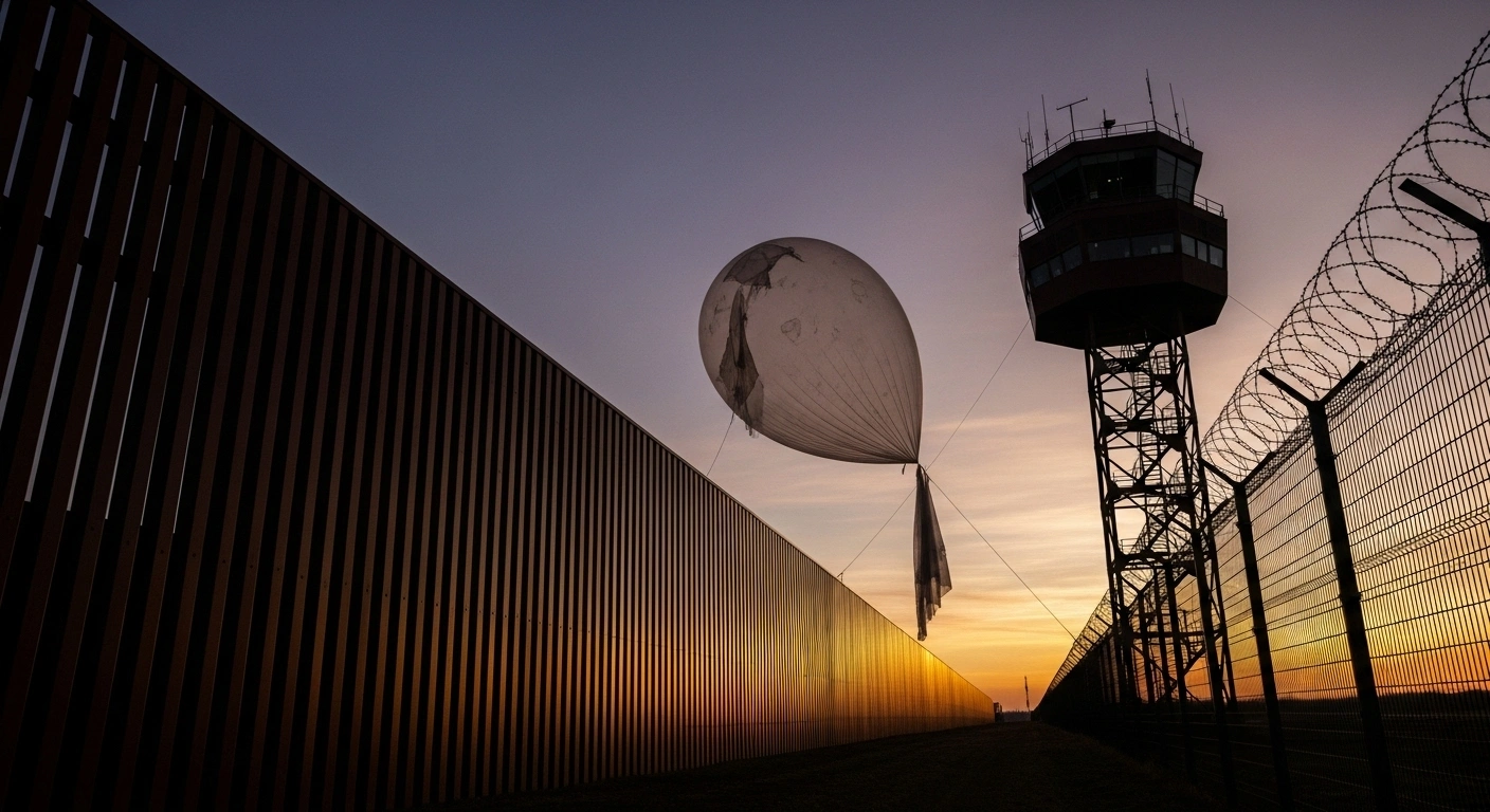 A large, deflated smuggling balloon is entangled in an airport control tower near a stark border fence at dusk, symbolizing Lithuania's decision to close its border crossings with Belarus due to hybrid attacks that disrupted air traffic at Vilnius and Kaunas airports.