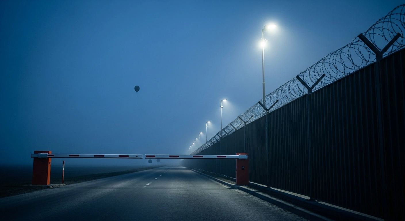 A desolate, closed border crossing between Lithuania and Belarus at dawn, featuring a heavy barrier and a distant, small balloon silhouette in the sky, symbolizing the recent border closures due to hybrid attacks and smuggling.
