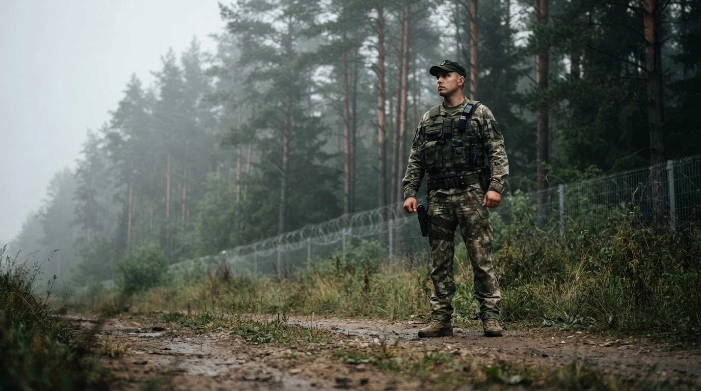 A Lithuanian border guard stands in a tactical position near the Belarus border during a confrontation involving illegal crossings.