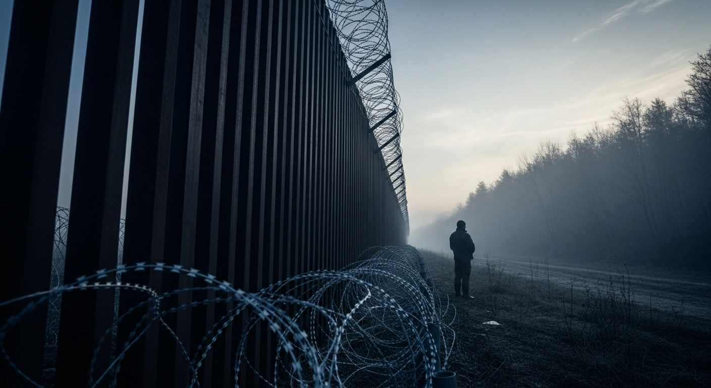 A desolate border fence stands between Lithuania and Belarus as a symbol of the ongoing security tensions between the two nations.