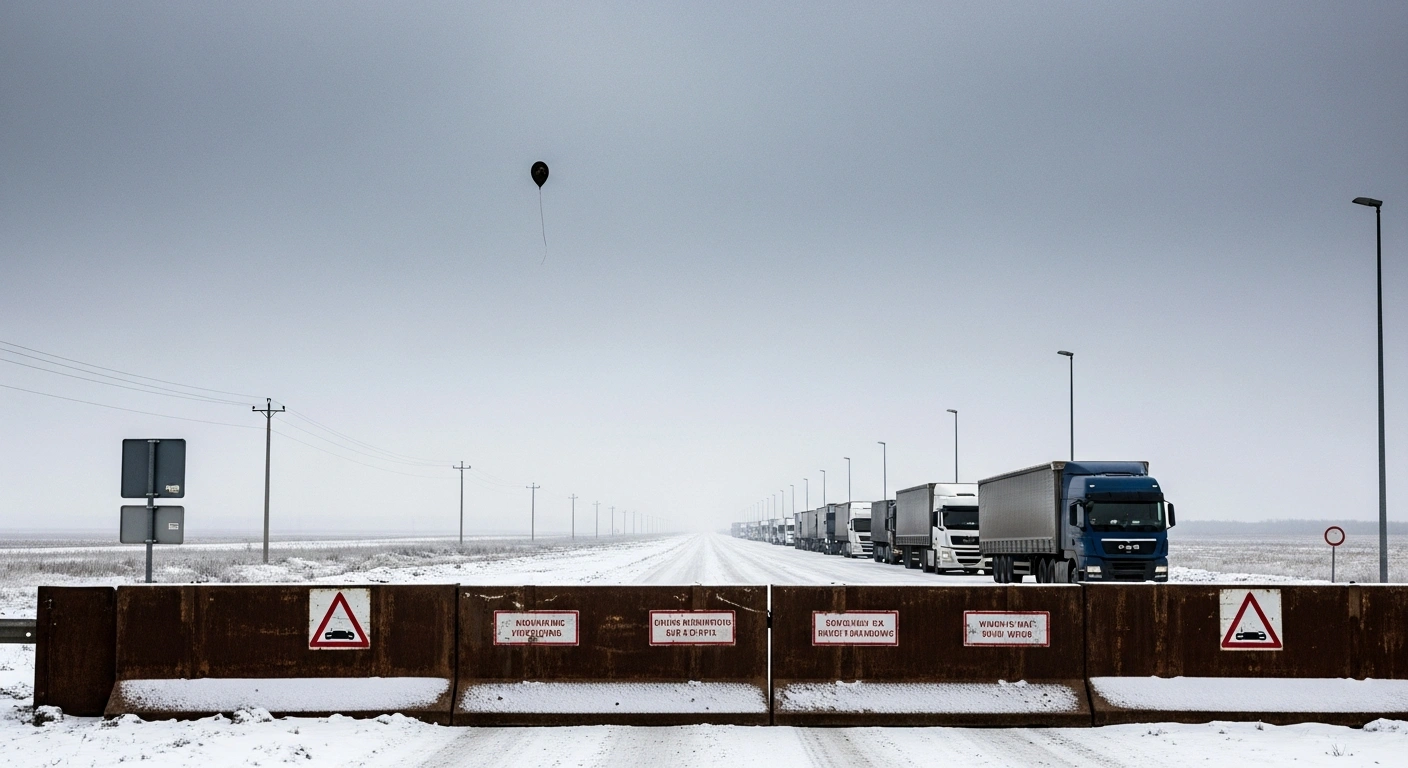 A wide, low-angle shot depicts a desolate, closed border checkpoint with a formidable barrier, a line of stationary trucks, and a deflated smuggler balloon in the distance, illustrating the Lithuanian Foreign Minister's rejection of Belarus's border negotiations over hybrid attacks and stranded vehicles.
