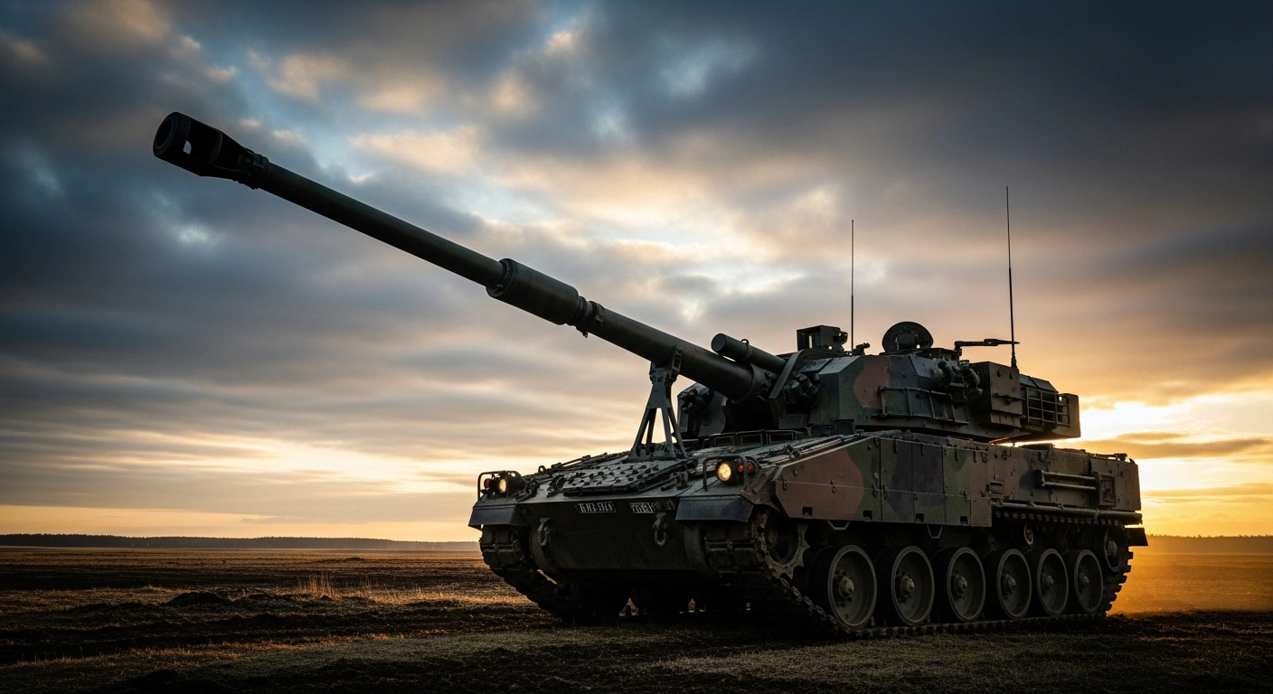 A powerful CAESAR Mk II wheeled howitzer, with its long barrel angled upwards, stands silhouetted against a dramatic twilight sky on a windswept plain, symbolizing Lithuania's enhanced long-range firepower and defense capabilities after acquiring 48 units.