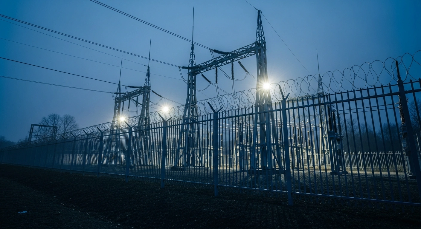 A modern energy substation in Lithuania is illuminated by security lights at twilight to protect critical infrastructure from regional security threats.