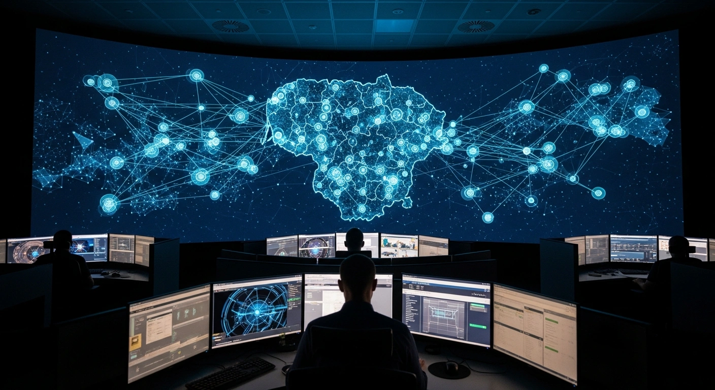A cybersecurity expert monitors a large screen displaying a digital map of Lithuania with numerous glowing nodes, representing the nation's bolstered digital defense network against escalating cyber threats, as part of Lithuania's plan to establish 44 local cybersecurity operations centers.