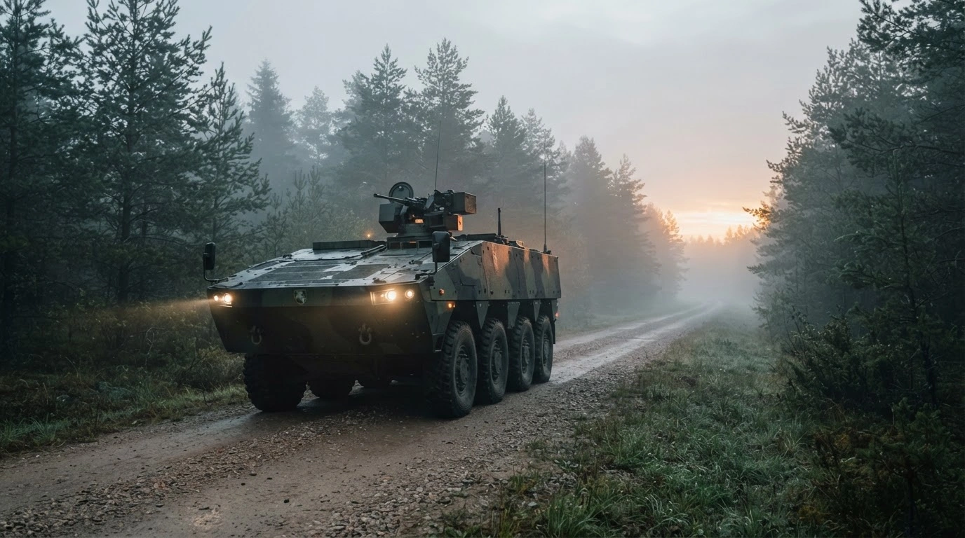 A modern Lithuanian military vehicle patrols a forest road as part of the nation's increased investment in defense and NATO security.