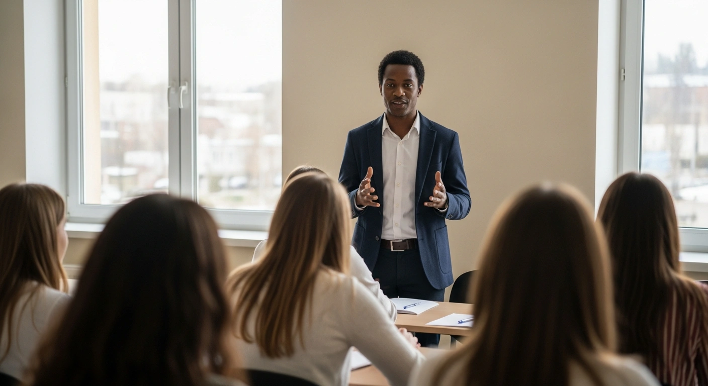 A professional instructor from abroad teaches a language class to students in a modern Lithuanian school to address teacher shortages.