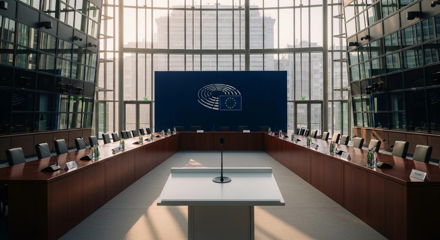 A modern, sunlit conference room in Brussels prepares for Lithuania to assume the rotating presidency of the Council of the European Union in 2027.