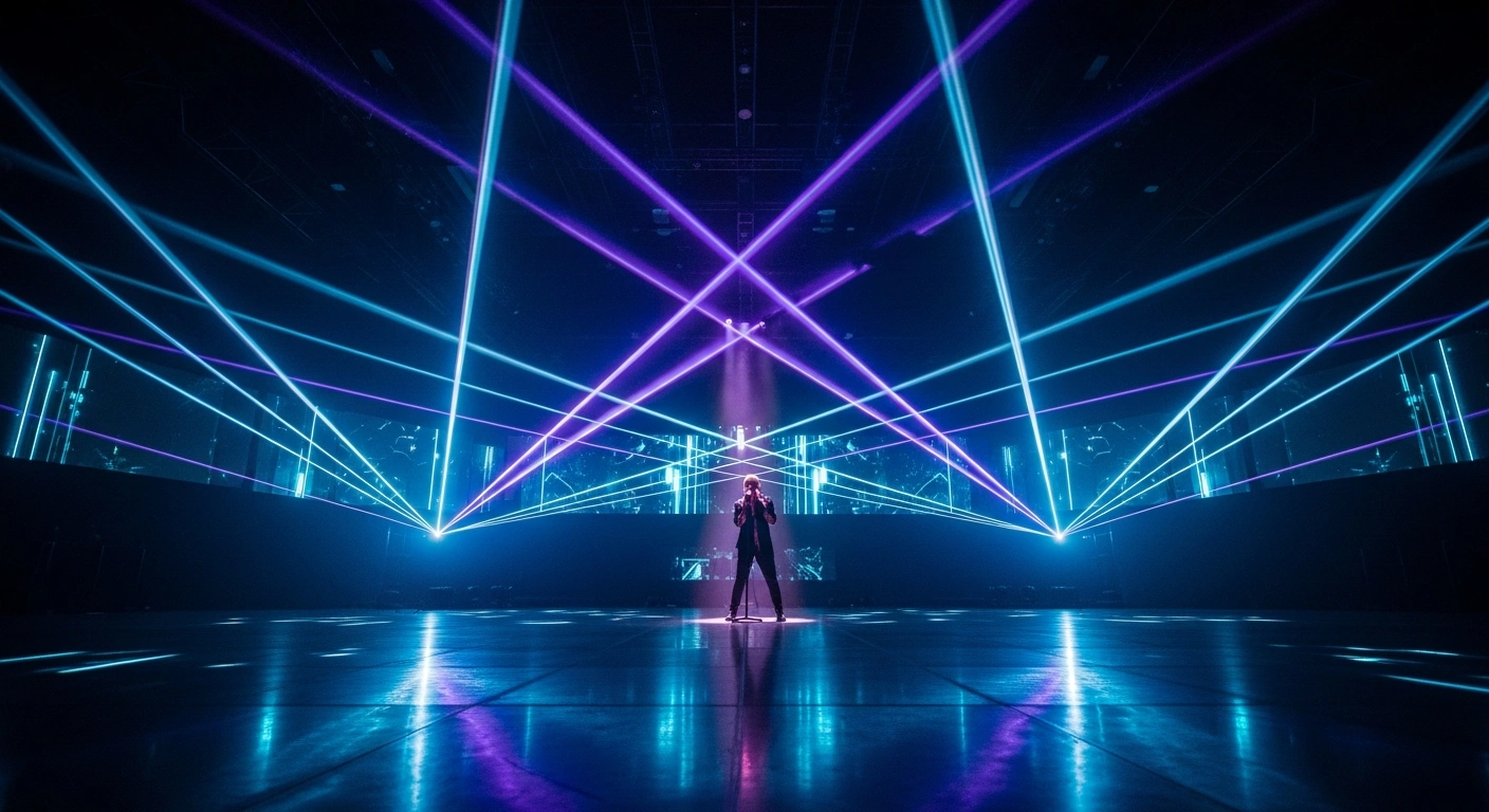 A performer stands on a high-tech stage in Vienna featuring complex projection mapping and interactive lighting for the Eurovision 2026 Lithuanian entry.