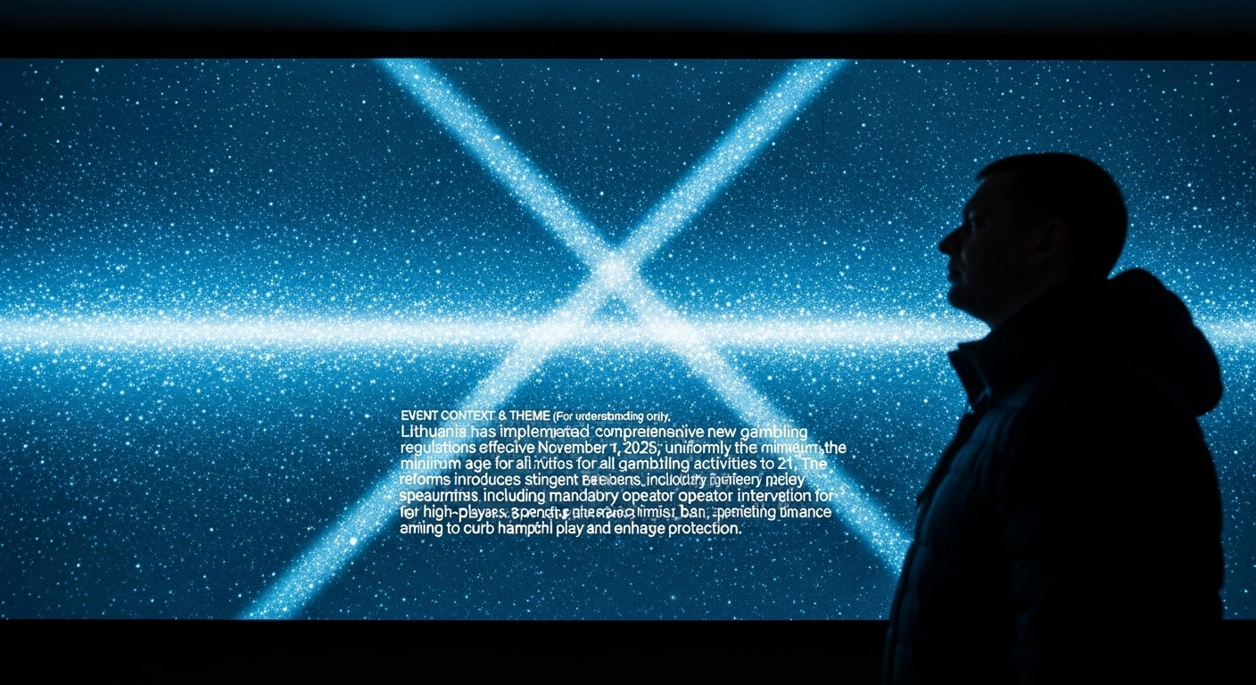 A solitary figure stands contemplating a large, modern digital display bathed in cool blue light, symbolizing Lithuania's new gambling regulations, which raise the minimum age to 21 and introduce stringent safety measures for player protection.